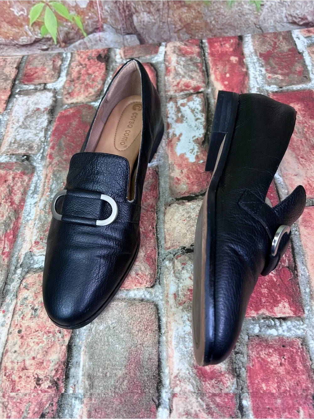 CORSO COMO Black Leather Quiet Luxury Minimalist Loafers with Silver Buckle, 7.5_14